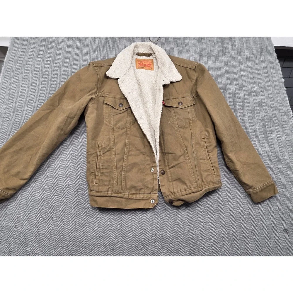 Levis Sherpa Lined Trucker Jacket Olive Green Canvas WaterLess Mens Small S‎